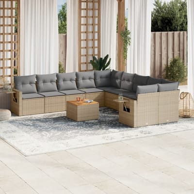 vidaXL - 11-delige - Tuinset - met - kussens - poly - rattan - beige