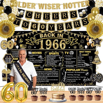 SnelShoppen - 60e verjaardag versieringen voor mannen en vrouwen, 16 delen retro 1964 banner decoraties, inclusief vintage 1964 banner, 1964 verjaarda