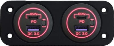 ProRide 12-24V USB/USB C Autolader 2 Poorten Inbouw - 65W QC3.0 - Tweevoudig Paneel - Rood - 2 Stuks