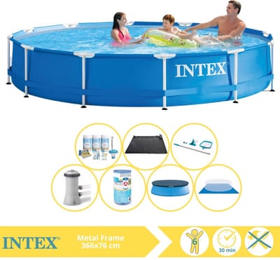 Intex Rond Frame Zwembad - 366 x 76 cm - Blauw - Inclusief Afdekzeil - Onderhoudspakket - Zwembadfilterpomp - Filter - Grondzeil - Schoonmaakset - Solar Mat - 8-delig