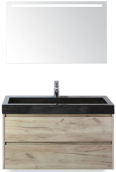 Dante Badmeubelset 100 cm - Craft Oak - Wastafel Hardsteen Wit Lucca met Sence Spiegel