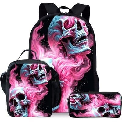 Drie delige Rugzakken Set met Dubbele Roze Schedels Print voor Jongens en Meisjes Beste Cadeaus 2D Platte Cartoon Schooltas voor Kinderen pink