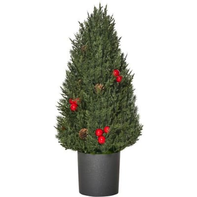 Sapin de Noël artificiel - MUVOE - 50 cm - 170 branches - 7 baies & 6 pommes de pin - Socle stable rouge