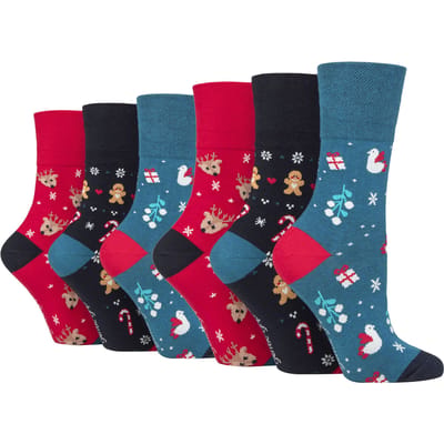 6 Paar Dames Kerstsokken | Gentle Grip | Womens NieuwigheidDesign Xmas Gift Sokken - Blauw / Rood / Grijs