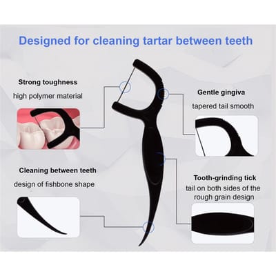 50 pièces Cure-dents 2 en 1 Pics de fil dentaire Haute ténacité Brossette interdentaire Bâtonnet pour dents Gratte-langue Outils de soins bucco-dentaires noir