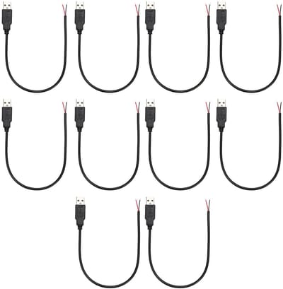 Dailygoody - USB Pigtail Kabel - 0.3m - 10 Stuks - 2Draad USB 2.0 Male - 12V 3A Voedingskabel - Gemakkelijk Verbinden - Ideaal voor Elektronica