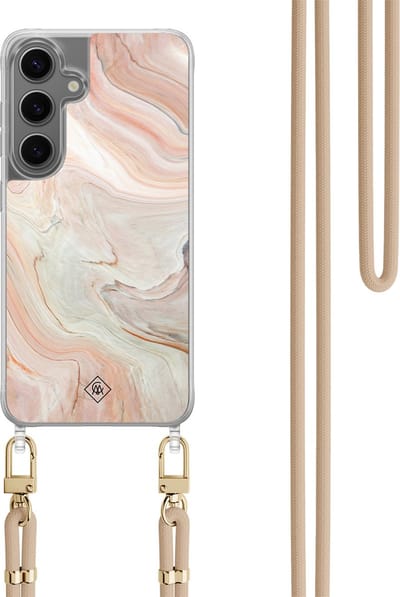 Casimoda® hoesje met koord - Geschikt voor Samsung S24 - Marmer Waves - Afneembaar koord - TPU/polycarbonaat - Bruin/beige
