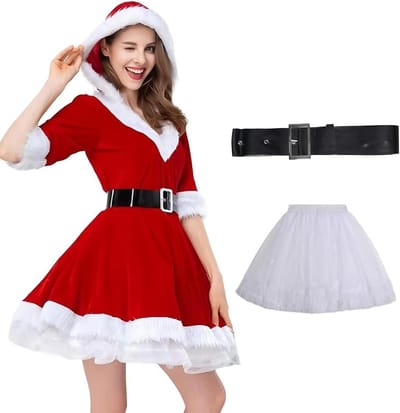 Vrouwelijk Kerstman Kostuum voor Volwassenen, Perfect voor Halloween, Carnaval en Feestjes - Rood met Jurk, Schud en Ceintuur, Maat: L