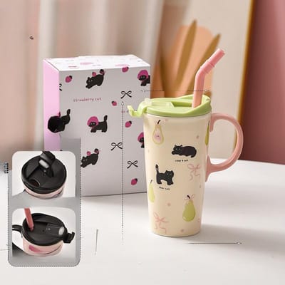 Leuke Kat Hoge Beker Meisjes Beker met Deksel Casual Beker Keramische Mok met Rietje Verjaardagscadeau Stijl 520ml