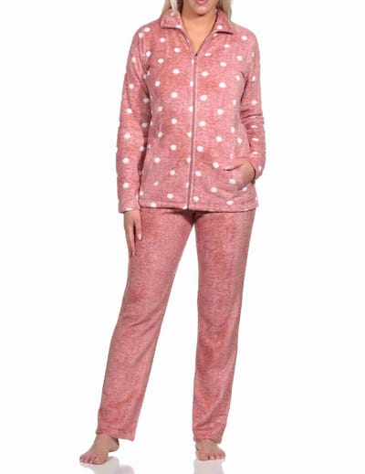 Behaaglijk en warm dames huispak van koraal fleece in een geweldige polka dot look