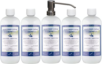 Handzeep Crème Eucalyptus 1 liter - set van 5 stuks - met gratis RVS zilverkleurige pomp - Voordeelverpakking