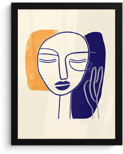 Poster in lijst - Fotolijst 30x40 cm - Posters - Minimalistisch - Gezicht - Hand - Oranje - Blauw - Posterlijst zwart - Decoratie - Wanddecoratie woonkamer - Muurdecoratie slaapkamer