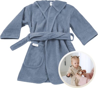 Funnies Badjas Grey Blue 0-12 Maanden Baby Badjas, Badjas Kinderen, Peuterbadjas - 100% Katoenen Badstof - Zacht en Absorberend - Perfect na Zwemmen, Douchen of Badderen - Ideaal als Cadeau voor Baby’s en Kinderen