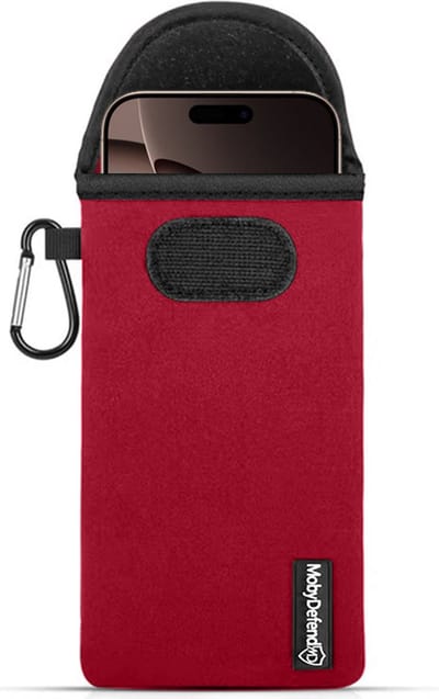 MobyDefend Hoesje - Geschikt voor iPhone 16 Pro Max - Neopreen Pouch Met Karabijnhaak - Insteek - Riemlus - Rood