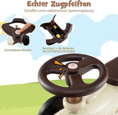 COSTWAY Glijauto, glijvoertuig met stuurwiel, fluitknop en opbergruimte onder de zitting, kinderauto, voor jongens en meisjes vanaf 1 jaar, 61 x 30 x 38 cm (beige)