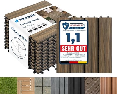 FLOORDIREKT WPC Tegels 30x30 cm - 1m² = 11 Terrastegels - Kliktegels - Balkontegels in Houtlook - Vloerbedekking voor Balkon & Terras - Weerbestendig met Drainagefunctie - Mix Teak - Classic