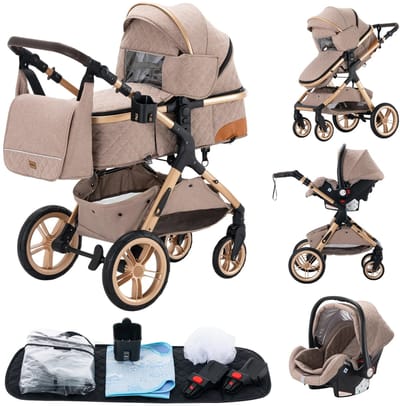 Mila Shop Kinderwagen 3 in 1 - Wandelwagen - Babywagen - Multifunctionele kinderwagen - Baby autostoel - Inclusief maxi cosi - Beige