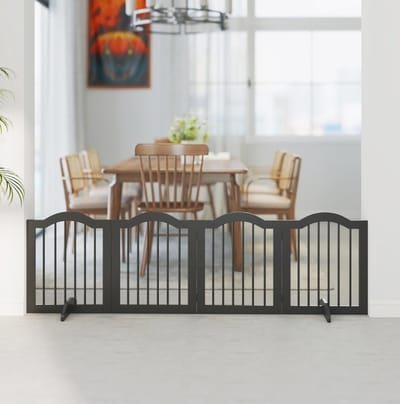 MIVRAY Hondenhek - Vrijstaand En Opvouwbaar - 208 x 61 cm - Hout en MDF - Zwart - Met 4 Panelen en Steunvoeten Voor Binnen