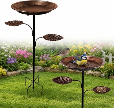 Metalen Vogelbad 2-in-1 - Staand Vogelbad en Voederschaal voor Tuin of Balkon - Vintage Ontwerp - Vrijstaand Waterbad voor Vogels met Standaard voor Grond of Terras - Koperkleurig