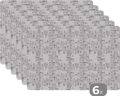 Placemat - Placemats kunststof - Stadskaart - Patronen - Zwart Wit - 45x30 cm - 6 stuks - Hittebestendig - Anti-Slip - Onderlegger - Afneembaar