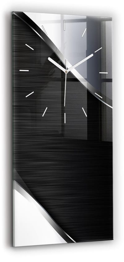 Wallfluent Wandklok - Zwarte en zilveren lijnen Unieke Wandklok - 30 cm x 60 cm - Zwart Wandklok - Witte Handen - Wandklok Zonder Cijfers - Wandklok Glas Woonkamer - Rechthoekige Glas Klok - Scandinavisch Wandklok - Klok als Muurdecoratie