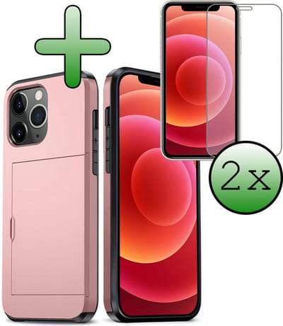 Hoes Geschikt voor iPhone 11 Pro Hoesje Hard Case Met Pas Houder Met 2x Screenprotector - Hoesje Geschikt voor iPhone 11 Pro Hoes Shockproof Hard Cover Met Kaarthouder - Rosé goud