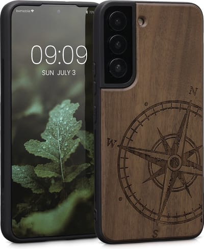 kwmobile telefoonhoesje geschikt voorSamsung Galaxy S22 - Hoesje met bumper - hout - In donkerbruin Vintage Kompas design