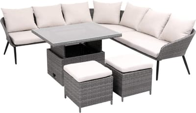 tuinmeubelset- lounge bank + 2 krukjes+ tafel met glazen dienblad- grijs- compleet tuin set