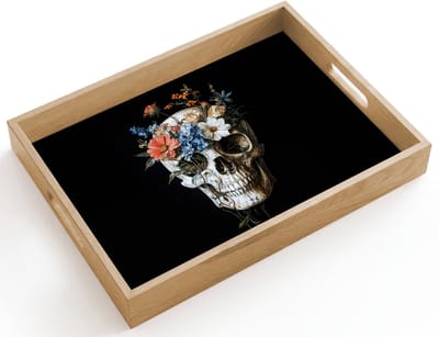 Dienblad hout 40x30 cm - Schootdienblad - Bloemen - Schedel - Kleurrijk - Borrelplank rechthoek - Plateau dienbladen