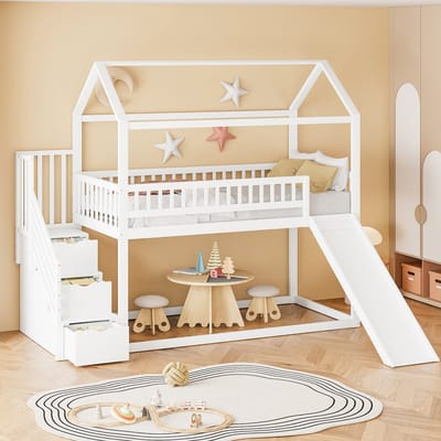 Sweiko Hoogslaper - 90 x 200 cm - Met glijbaan - Opbergruimte - Houten kinderbed - Wit