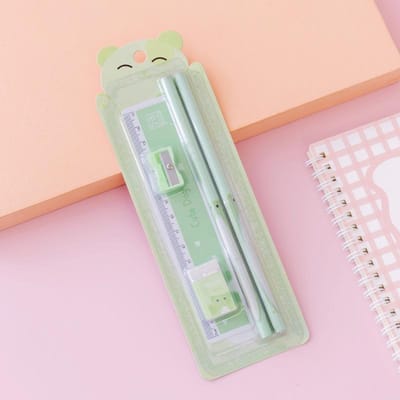 5 stuks/set Schattige Dier Potlood Gum Slijper Liniaal Set Cadeaubox Leren Schrijfwaren Set Kinder Cadeaus