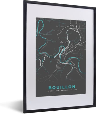 Fotolijst incl. Poster - Stadskaart – Grijs - Kaart – Bouillon – België – Plattegrond - 30x40 cm - Posterlijst