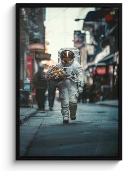 Poster in lijst - Fotolijst 60x90 cm - Posters - Boeket - Bloemen - Kleurrijk - Astronaut - Posterlijst zwart - Decoratie - Wanddecoratie woonkamer - Muurdecoratie slaapkamer