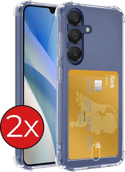 Hoesje - 2 Stuks - Geschikt voor Samsung Galaxy A15 - Met Pashouder en Kaarthouder - Telefoon Hoes Shockproof - Back Cover - Siliconen Case - Shock Proof - Pasjes Houder - Telefoonhoes - Transparant