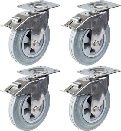 200 mm (8") roestvrijstalen zwenkwiel met grijze rubberen band, zwenkbaar met rem, draagvermogen 820 kg, set van 4