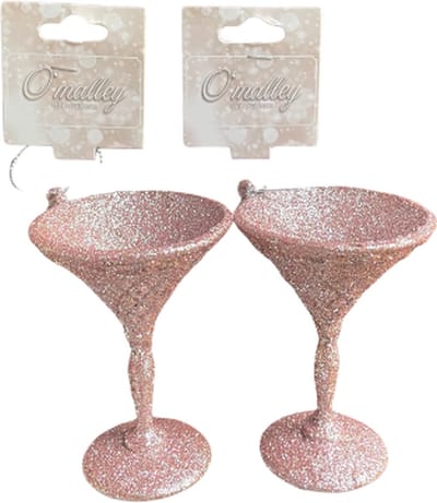 Kerst ornament Cocktailglas - Set van 2 - Pornstar Martini Ornament - Kerstornamenten Cocktails - Roze