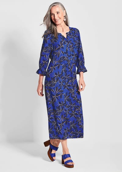 Jurk in overgooiermodel met een bloemenprint - koningsblauw / marine / gedess. - Gr. 40 van Goldner Fashion