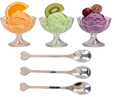Dailygoods- Voetschalen Set van 3 - Dessertkommen - Kunststof/Roestvrij Staal - Bloemenpatroon - Inclusief Lepels - Elegant Design - Dessertkom