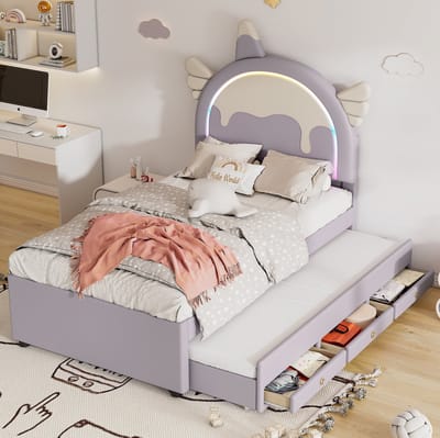 MEUNIQ Kinderbed 90x200 cm met eenhoornvormig hoofdbord, uitschuifbaar rolbed en lades, kunstleer en MDF, eenpersoons bed voor kinderkamer, paars