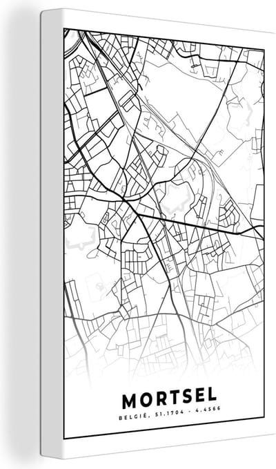 Canvas Schilderij Zwart Wit – België – Plattegrond – Stadskaart – Kaart – Mortsel - 20x30 cm - Wanddecoratie