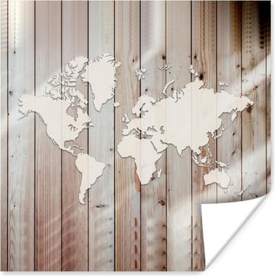 Poster 30x30 cm - Wereldkaart - Wit - Hout - Posters - Kamer decoratie - Wanddecoratie woonkamer - Muurdecoratie slaapkamer