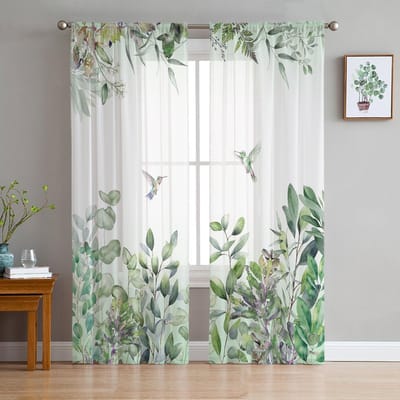 Waterverf Plantenbladeren Kolibrie Groen Transparant Raamgordijn Tule Gordijnen voor Woonkamer Slaapkamer Huisdecoratie Voile Draperieën 135W x 114H(cm) white