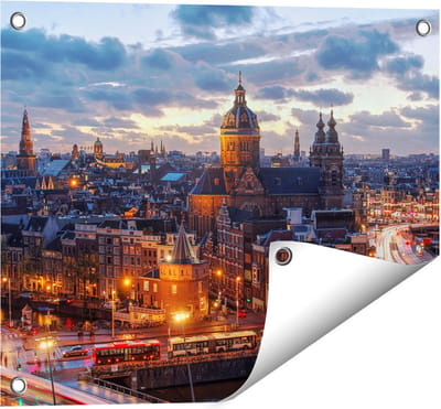 Gards Tuinposter Amsterdam Centrum Luchtfoto Zonsondergang - 50x40 cm - Tuindoek - Tuindecoratie - Wanddecoratie buiten - Tuinschilderij