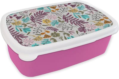 Broodtrommel Roze - Lunchbox - Brooddoos - Bloemen - Bladeren - Patroon - 18x12x6 cm - Kinderen - Meisje