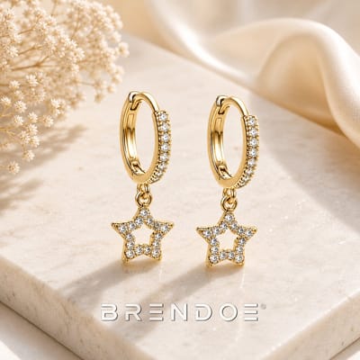 Brendoe Goudkleurige Ster Hangoorbellen Dames – Oorringen met Zirkonia – Elegante Oorbellen