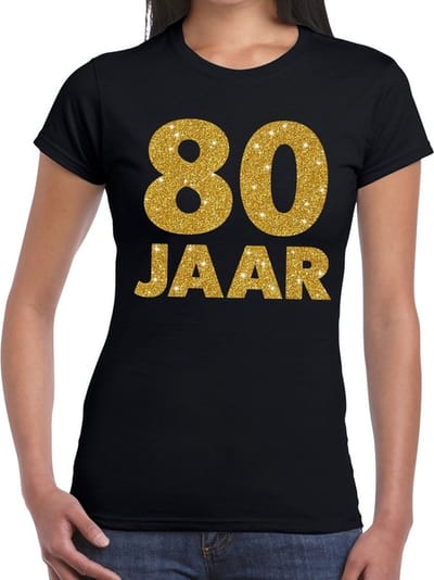 80 jaar goud glitter verjaardag t-shirt zwart dames - verjaardag / jubileum shirts XS