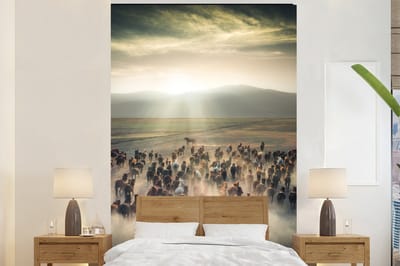 Behang - Fotobehang Paarden - Natuur - Mist - Wilde dieren - Breedte 200 cm x hoogte 300 cm