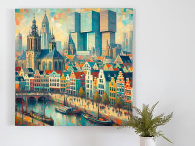 Modern groningen schilderij | Groninger Grondbeginselen: Hedendaagse Artistieke Weergave van Stad en Stijl | Kunst - 60x60 centimeter op Canvas | Foto op Canvas