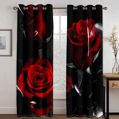 2 stuks Rode Roos Bloem Diamant Goud 3D Design Luxe Meisje Raamgordijnen voor Woonkamer Slaapkamer Keuken Deur Hal Huisdecoratie W60H60(CM)x2PCS&Grommet Top brown