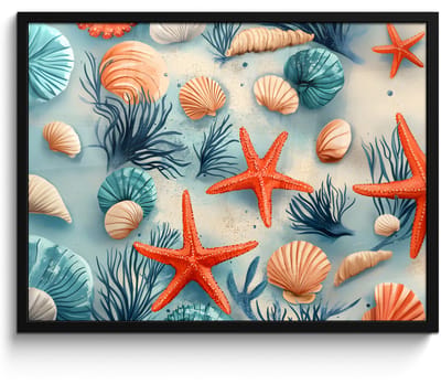 Poster in lijst - Fotolijst 70x50 cm - Posters - Zeesterren - Schelpen - Illustratie - Zand - Posterlijst zwart - Decoratie - Wanddecoratie woonkamer - Muurdecoratie slaapkamer